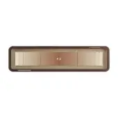 Console table, beige textured surface, gold metal brackets, dark brown frame, ribbed doors, perforated detailing, studio shot.