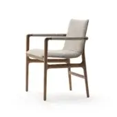 Armchair, light gray textured fabric upholstery, curved wood frame with splayed legs and horizontal stretcher, minimalist studio shot.
