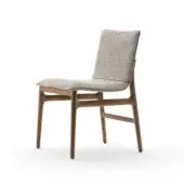 Mid-century modern chair with light gray textured upholstery and walnut wood frame, featuring tapered splayed legs and curved backrest.