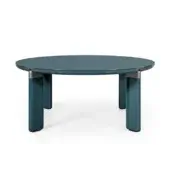 Kenobi coffee table, teal tabletop, glossy finish, three rectangular legs with gray metallic accents, modern minimalist design.