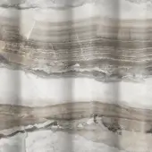 Layered onyx stone texture, gray, beige, and brown tones, horizontal bands with white veining, polished surface, muted earthy palette.