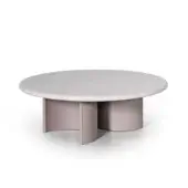 Nook coffee table, light gray finish, circular tabletop with asymmetrical cylindrical legs, minimalist studio product shot.