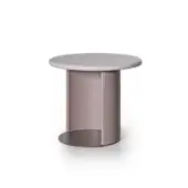 Nook side table, gray and mauve, cylindrical base with open shelf and rounded tabletop, minimalist modern design, matte finish.
