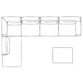 Modular sectional sofa line drawing, fabric upholstery, L-shape corner with back cushions, and square ottoman, white background.