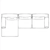 Sectional sofa black and white line drawing, linear three-cushion form with L-shaped extension, minimalist design, horizontal seam details.