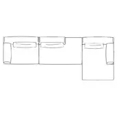 Modular sectional sofa line drawing, white background, L-shape, rectangular cushions, low back, technical sketch.