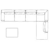 Sectional sofa line drawing, black and white, four-module linear form with corner, paired with square ottoman, rounded arms, angled backrest.