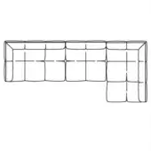 Sectional sofa line drawing, modular cushions, L-shape, black and white, rectangular form, geometric pattern, white background.