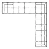 Modular seating schematic, black lines, L-shaped corner configuration of rectangular blocks with internal grid detailing on a white background.
