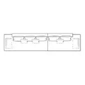Altana sofa schematic, modular unit, black lines on white, rectangular base with square cutouts, three rounded cushions per section.