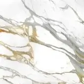 Calacatta gold marble texture with bright white background and golden-brown to gray veins in a polished, organic pattern.