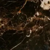 Dark brown Emperador marble texture with irregular veins of chocolate, tan, gold, and creamy white, displaying a polished, granular surface.