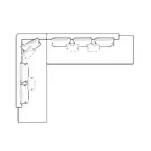 Modular corner sofa diagram, white background, L-shape, rectangular cushions with rounded tops, dashed outlines, dark frame, composition G.