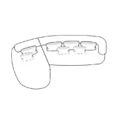 Modular sofa black and white line drawing, low profile with curved armrest, four rectangular dashed-line cushions, minimalist schematic design.