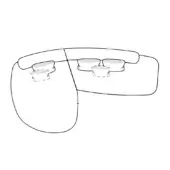 Modular sofa black and white line drawing, low profile with curved and rectangular armrests, includes three rounded backrest cushions.