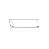Londy sofa, left hand facing, features a rounded rectangular shape, low boxy base, curved backrest, and smooth upholstery in a line drawing.