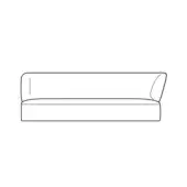 Londy sofa, linear drawing, right hand configuration, low profile, curved back, rectangular base, minimalist black lines on white.