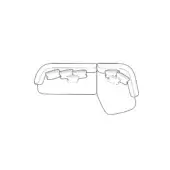 Sectional sofa line drawing, black on white, L-shape with five dashed-circle backrest cushions, rounded edges, low profile design.