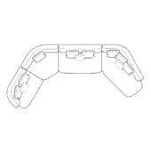 Sectional sofa line drawing, white background, L-shape, curved cushions, modular design, eight backrest cushions included.