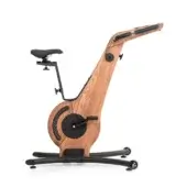Vintage exercise bike with light wood frame, black metal detailing, curved handlebar, padded seat, and circular flywheel on angled legs.
