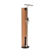 Pilates reformer in light cherry wood, featuring a rectangular frame, adjustable footbar, and rope-pulley system against a white backdrop.