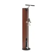 Bicycle pump, walnut wood veneer, chrome handle, vertical aluminum strip, black base, integrated pressure gauge, rope-wrapped hooks.
