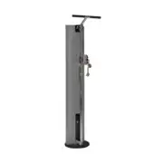 Standing cable machine, brushed stainless steel, tall cylindrical column with vertical track and rope handles.