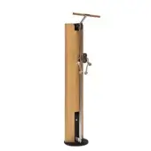 Bicycle pump with oak wood enclosure, dark brown trim, metal handle, pressure gauge, and circular rope mechanism on a black base.