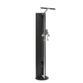 Cable pulley machine, dark gray steel, tall vertical column with adjustable height settings and multiple rope attachments for strength training.