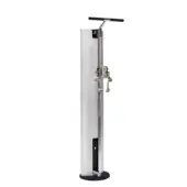 Stainless steel floor pump with black base, handle, and gauge; cylindrical body, minimalist industrial design, studio product shot.