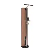 Vintage bicycle pump with dark brown wood panels, brushed brass accents, rope pulley system, and black circular base.