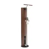 Exercise column in dark walnut wood with black base, featuring pulley systems, metal track, and horizontal handle for adjustable height training.