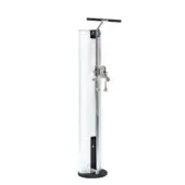 Cylindrical exercise machine, stainless steel and black, with vertical bar, ropes, and numeric measurement scale against white backdrop.