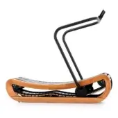 Rowing machine, cherry wood and black metal, curved frame with layered wood deck and rectangular console.