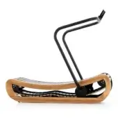 Oak treadmill with curved light wood deck, black metal handlebars, and rectangular console against a white backdrop.