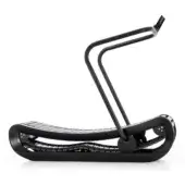 Curved fitness machine, black metal and rubber, with a low-profile undulating frame and rectangular handgrip, studio shot.