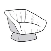 Swivel chair, light gray fabric, rounded cocoon shape with quilted texture and dark gray molded plastic base.