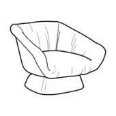Swivel chair line drawing, upholstered black seat and back, rounded bucket shape, cushioned circular base, rotating design.
