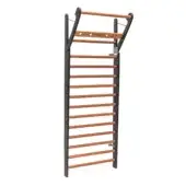 Gymnastics wall bar, wood and black metal, ten horizontal brown bars between two vertical supports, minimalist Swedish design.