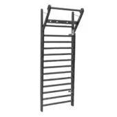 Wall-mounted gymnastics bars with a dark gray stained wood frame, featuring thirteen horizontal bars and a foldable top bar with metal brackets.