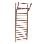 Vintage Swedish ladder made of light wood with fifteen rungs, adjustable height bar, black metal hardware, and circular knob detail.