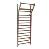 Swedish ladder gym, walnut wood, fifteen rungs with pull-up bar and adjustable cables, matte finish, minimalist design.
