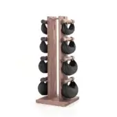 Wooden training rack with six black leather sandbags, numbered one to six, arranged on a studio white background.
