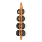 Wooden back roller with honey-toned finish, featuring five rollers encircled by black fabric bands, against a white backdrop.