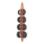 Wooden back massager with reddish-brown frame, five dark gray padded rollers, visible wood grain, and circular logo detail.