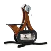Rowing machine, walnut wood and silver metal, curved frame with black leather seat and cylindrical flywheel display.