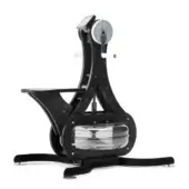 Shadow X-1 rower, dark wood finish, A-frame design with silver console and clear cylindrical water tank for indoor fitness.