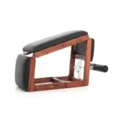 Rehabilitation club with dark brown wood frame, black leather armrest and footrest, adjustable metal mechanism, visible wood grain.