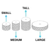 Woven cylindrical baskets in gradient sizes, labeled small to large with arrows, displayed against a white background for size comparison.