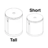 Tall and short cylindrical laundry baskets with oval handles, matte white finish, and rectangular latches in a studio setting.